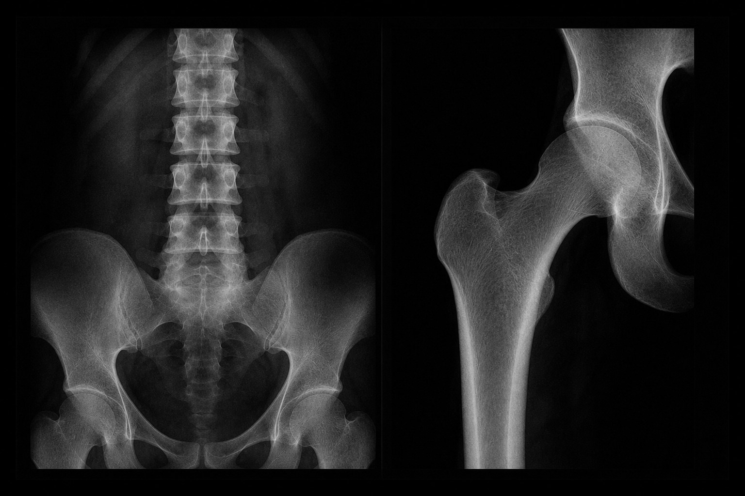 Illustrative DEXA-style lumbar spine and proximal hip acquisitions with no patient data